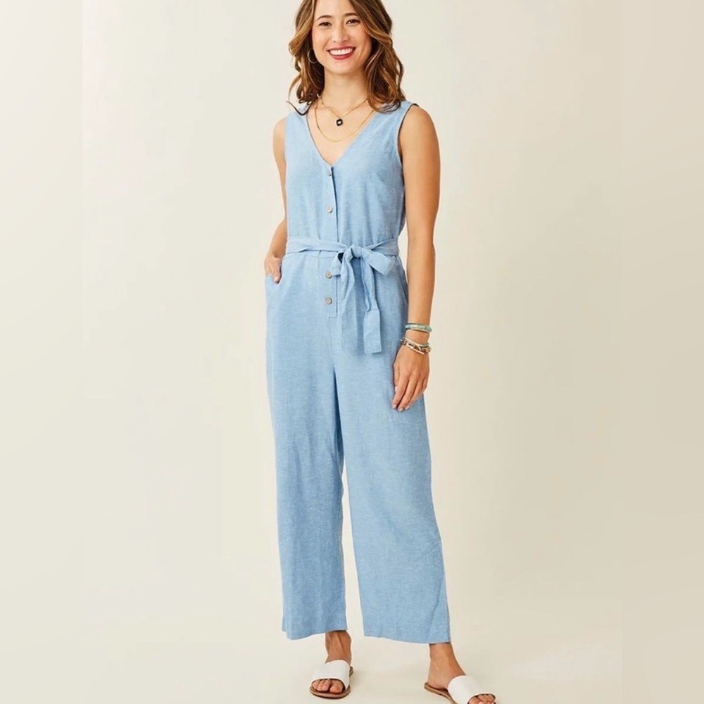 Carve Designs Light Blue Linen Blend Button Front Wide Leg Jumpsuit XS